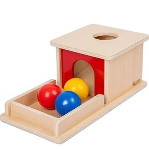 Wooden Montessori Object Permanence toy with Red, Blue, and Yellow Balls